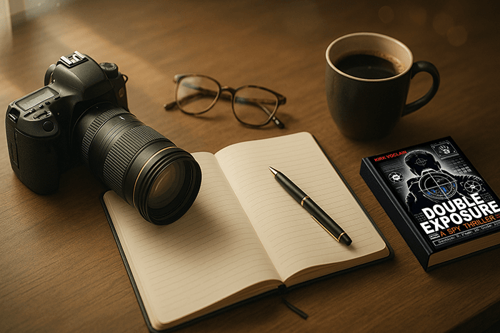 Nice Desk Image of Book Double Exposure, spy thriller book reviews,