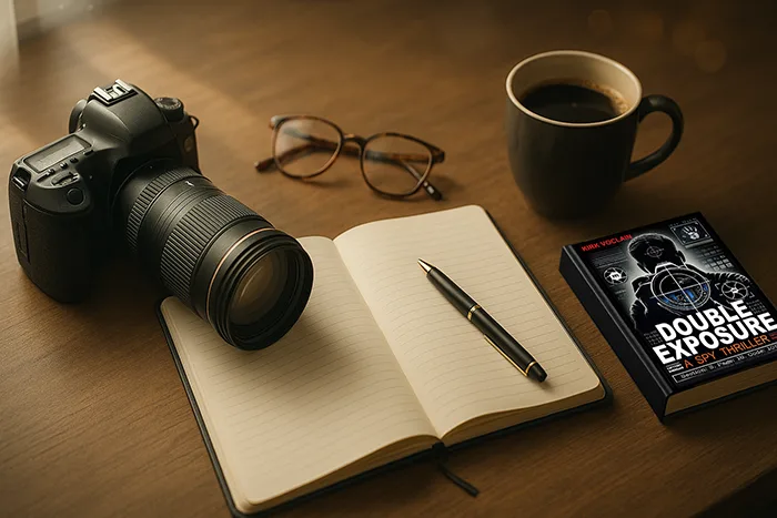 Nice Desk Image of Book Double Exposure, spy thriller book reviews,