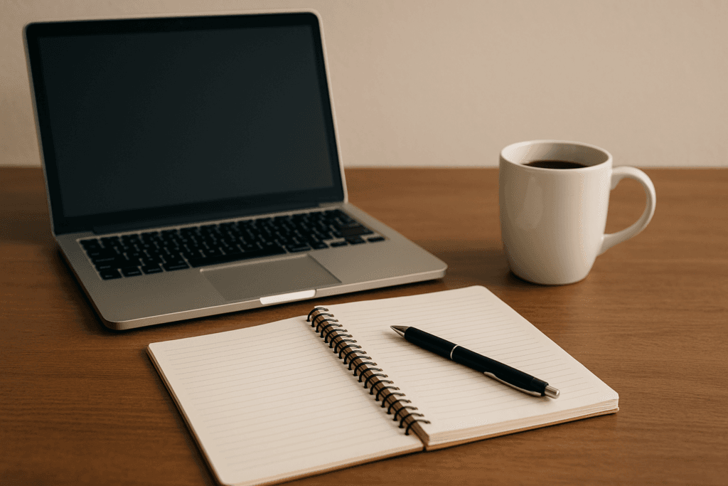 Laptop, coffee, Notes Guest Blog on Kirk Voclain