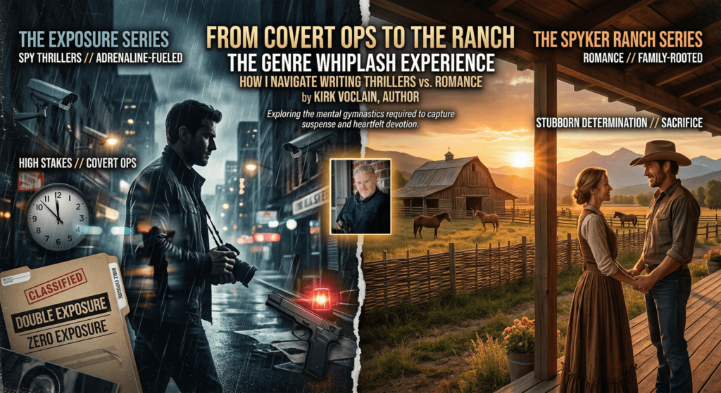 Kirk Voclain author writing spy thrillers and western romance series