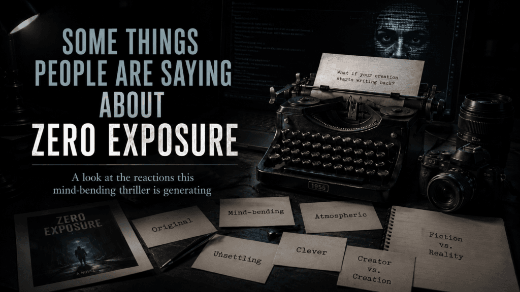 Dark cinematic scene featuring a vintage typewriter, professional camera, and reactions to Kirk Voclain’s Zero Exposure thriller.
